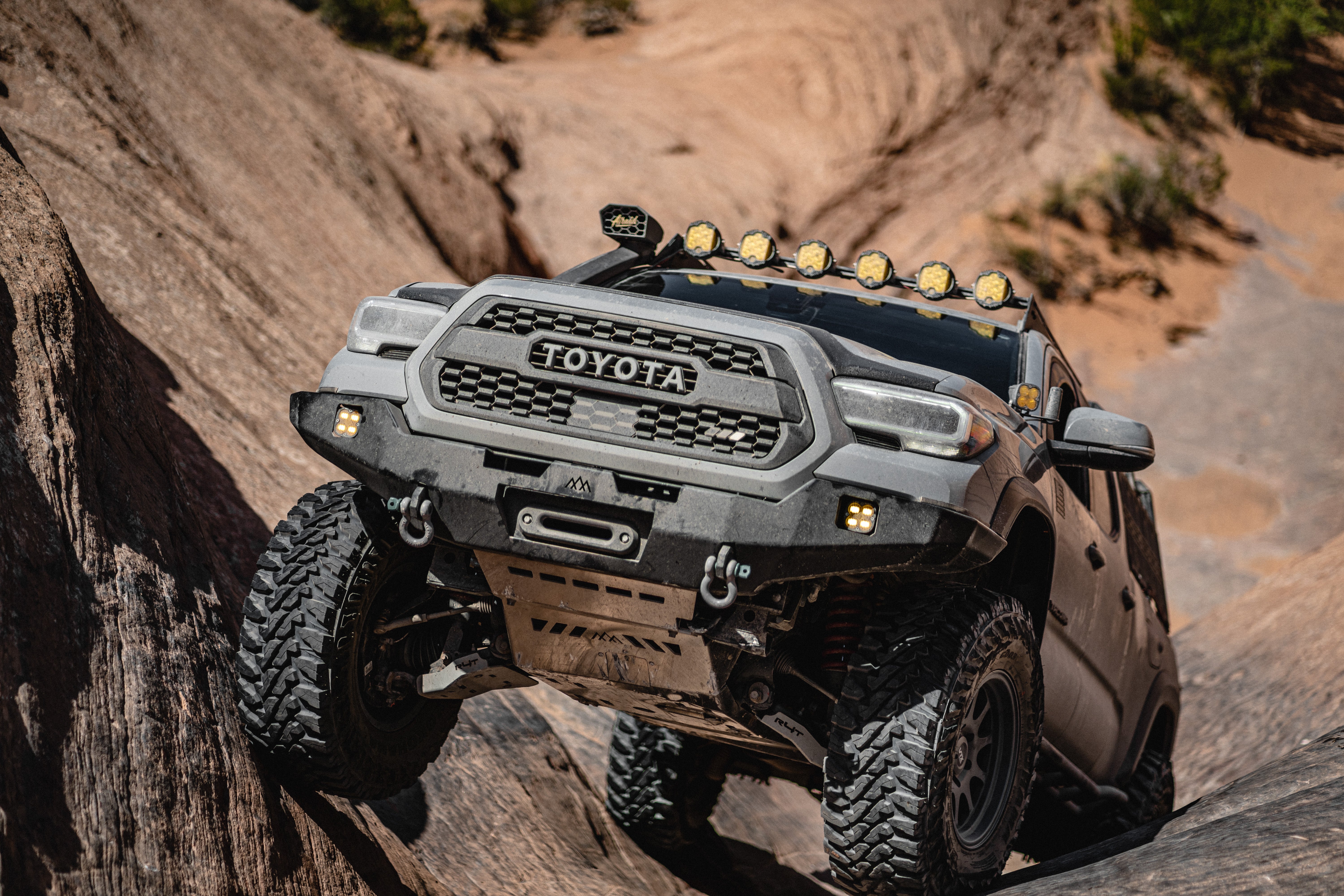 3rd gen Tacoma with Backwoods Adventure Mods front bumper on Hells Revenge