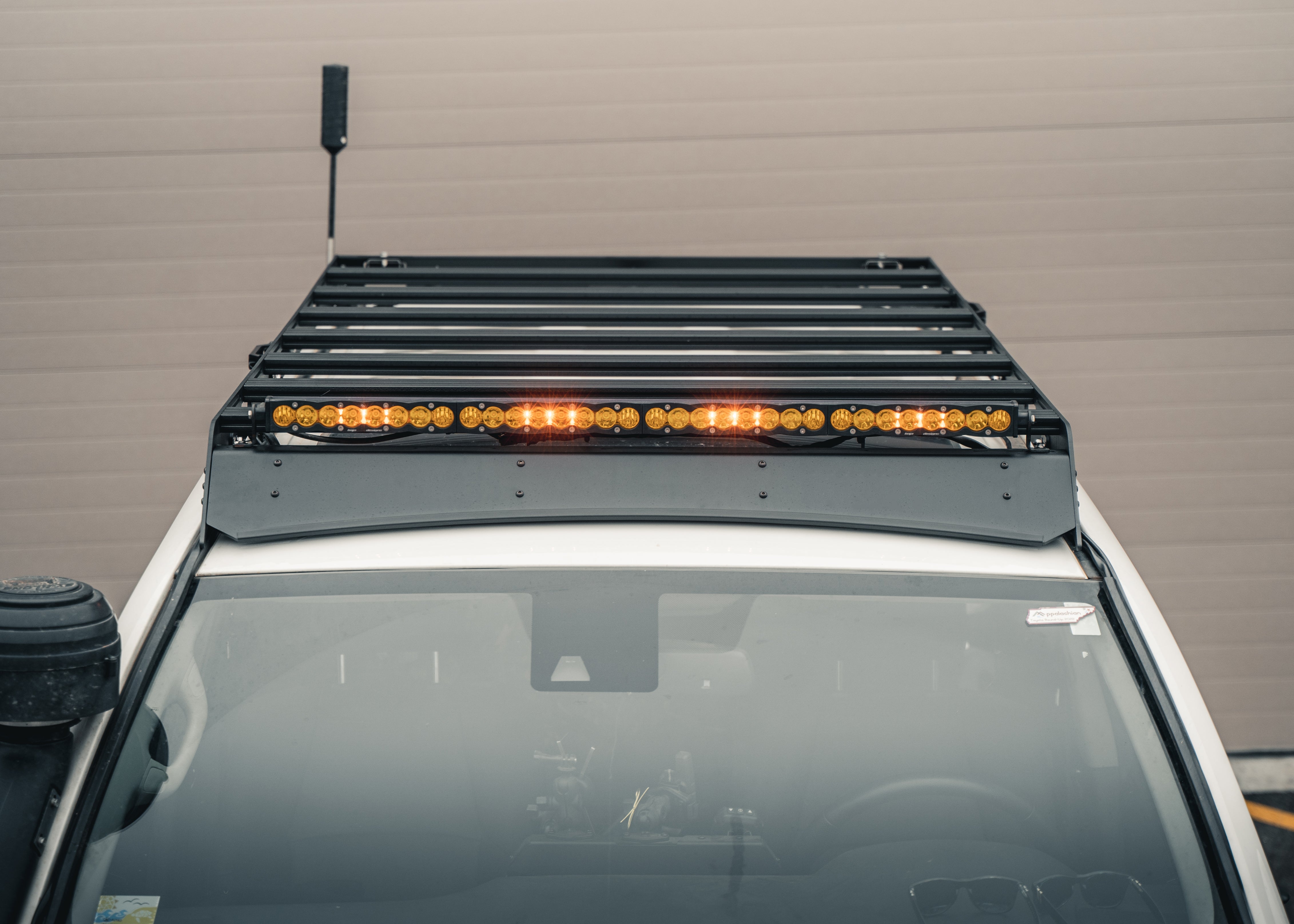 Front view of a lightbar on a Driftr roof rack from Backwoods Adventure Mods