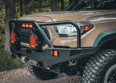 Close up view of a Backwoods Adventure Mods front bumper on a 3rd gen Tacoma