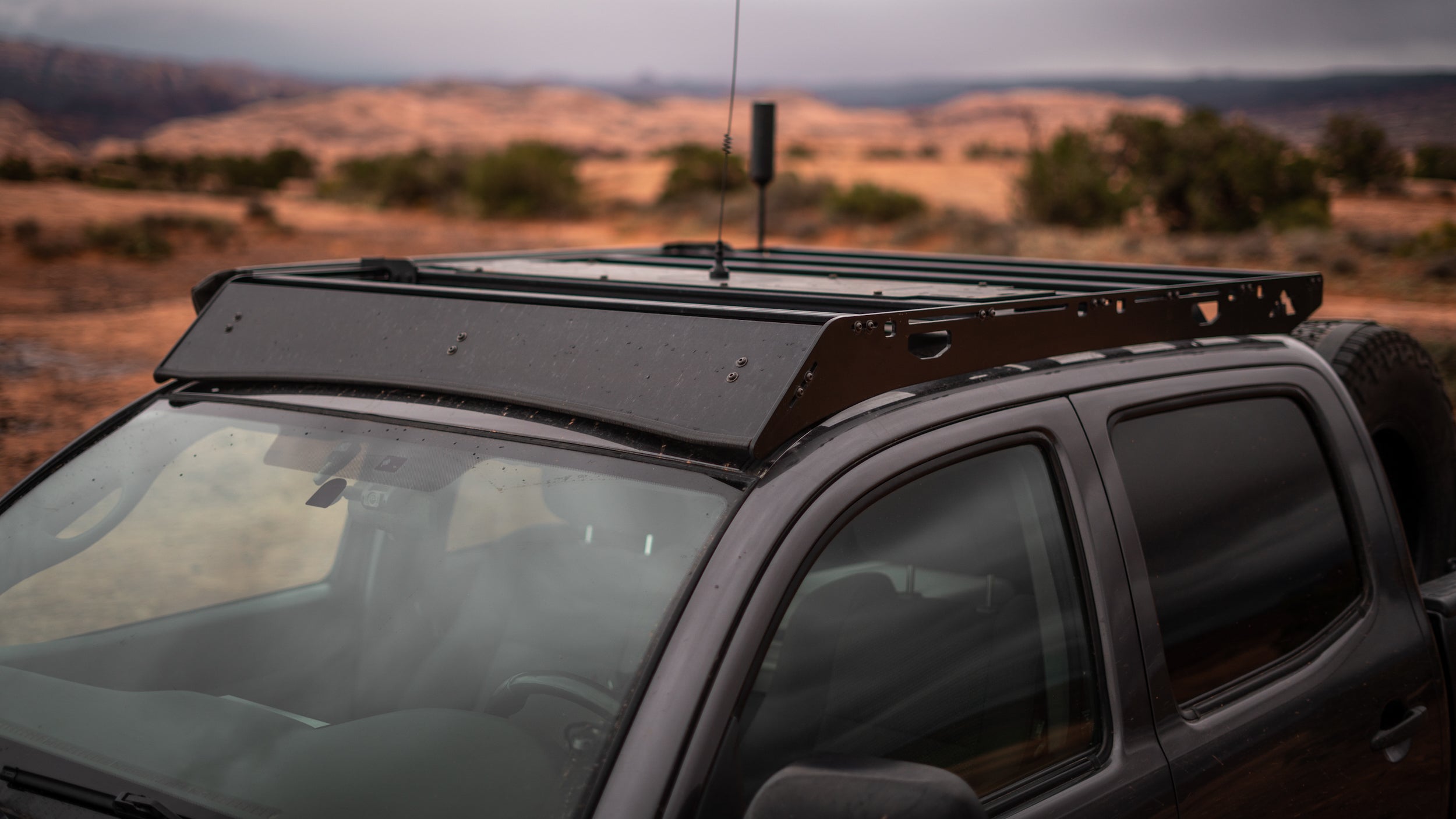 Front view of Sherpa Grand Teton roof rack on a 2nd gen Tacoma