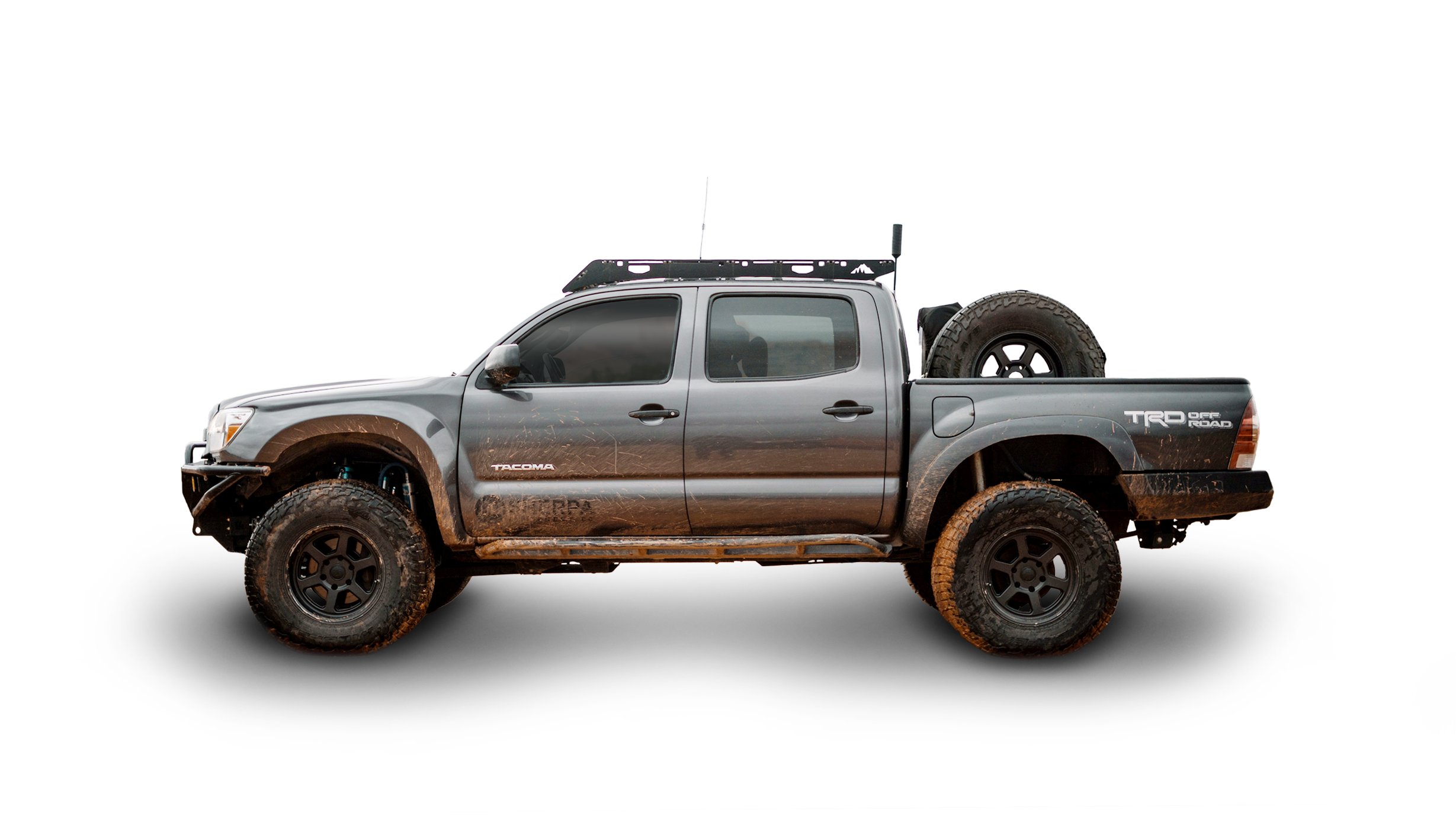 Grey 2nd gen tacoma with a Sherpa Grand Teton roof rack. Side view with white background.