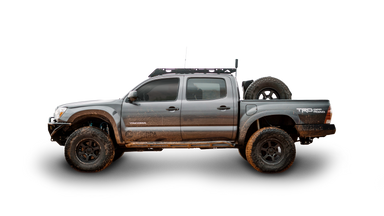 Grey 2nd gen tacoma with a Sherpa Grand Teton roof rack. Side view with white background.