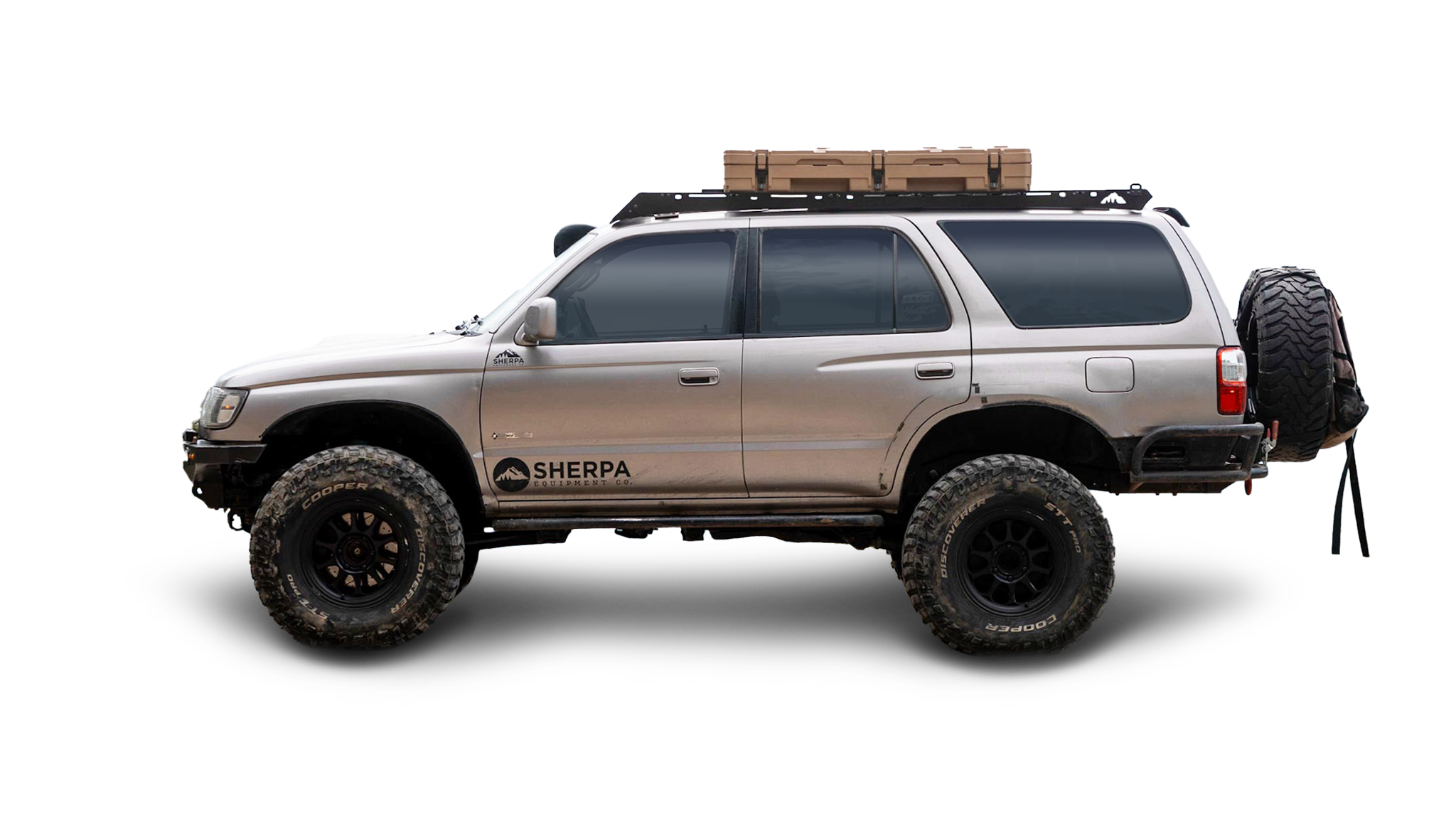 3rd gen4Runner with a Sherpa Matterhorn Sport roof rack, white background