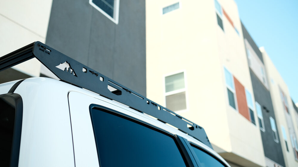 Side view of a Sherpa Grand Teton roof rack on a white Tacoma